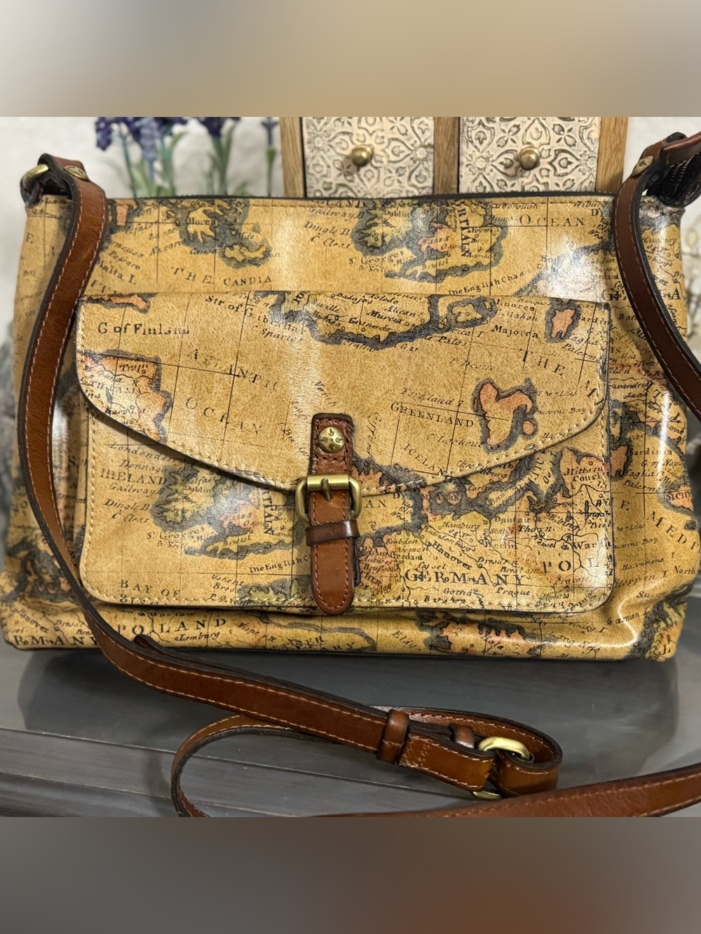 Patricia Nash Map Print Crossbody Bag in Tan and Brown